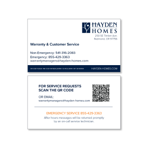 Customer Service / Warranty Business Card
